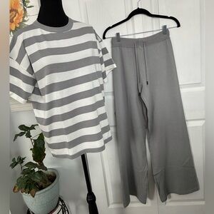 Gray and White Wide Leg Pant Set